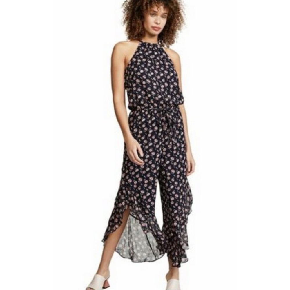 NWT Joie Jael 100% Silk Jumpsuit XXS Midnight Floral Ruffles Halter Flounce